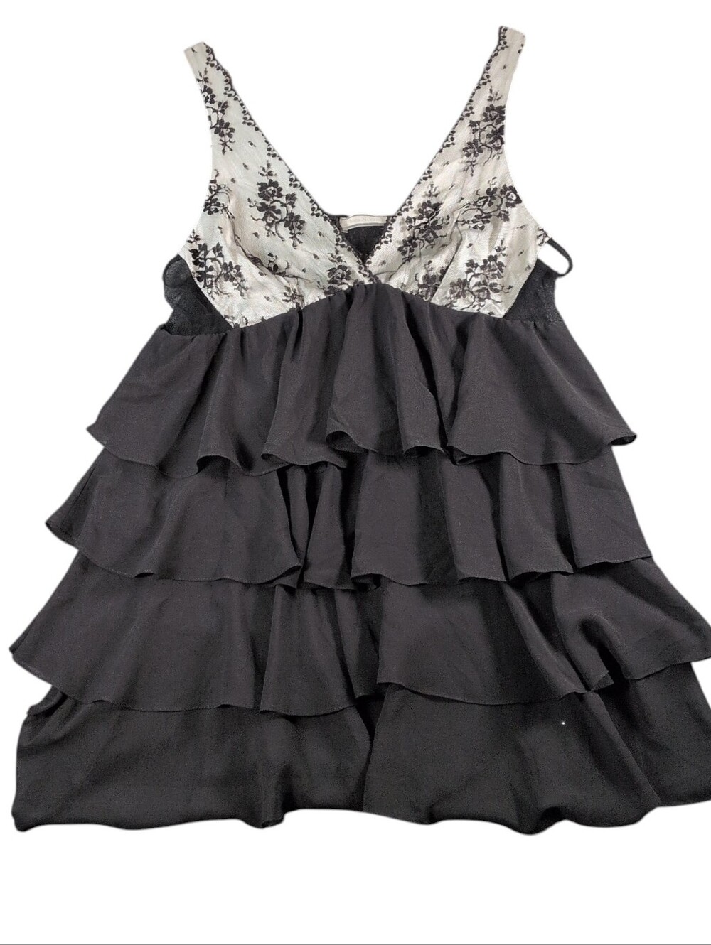 Flora Nikrooz black babydoll Tiered Ruffle Dress with White Floral Bodice